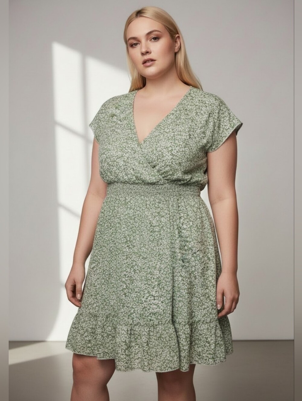 Retro Style Pale Green Floral V-Neck Wrap Midi Dress
